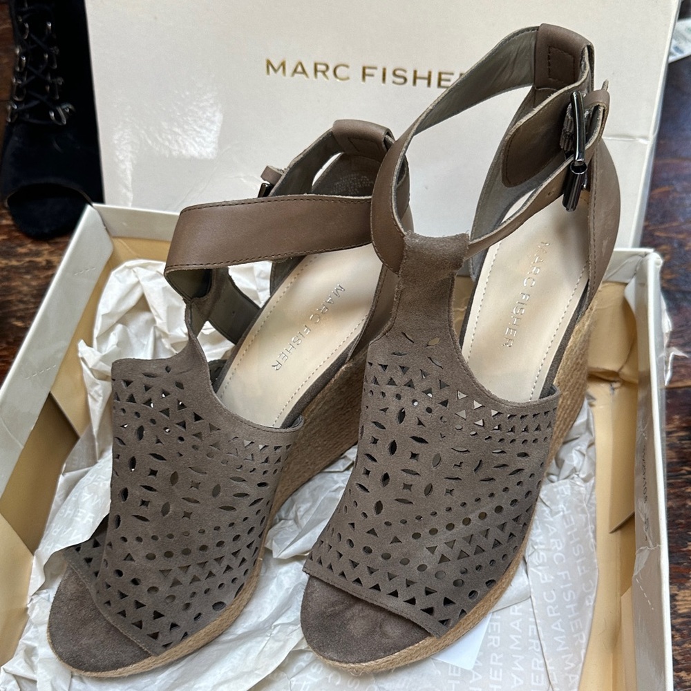 Marc Fisher Taupe Laser-Cut Espadrille Wedge Sandals